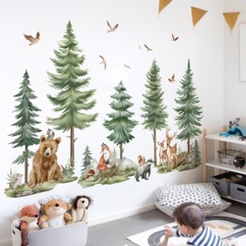 wondever wondever Mountain Tree Wall Stickers Decor for Kids Room Large Pine Tree Forest Animals Bear Deer Peel and Stick Wall Art Decals for Baby Bedroom Nursery