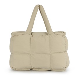 Jywmsc Buffer Tote Bag for Women Large Quilted Padded Handbags Lightweight Shoulder Bags for Travel Gym Shopping Work, khaki
