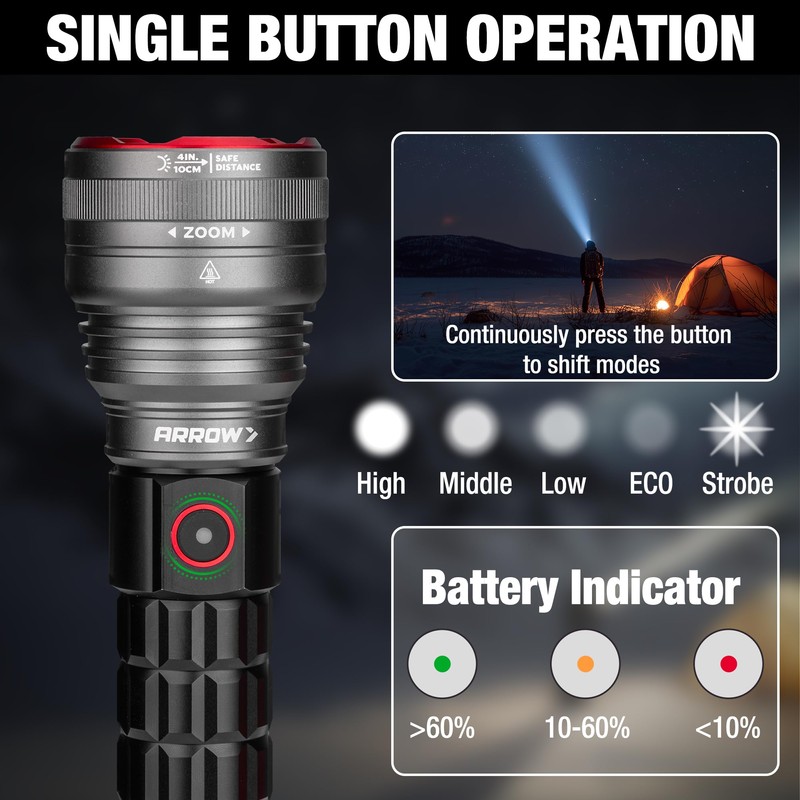 Arrow Rechargeable Flashlights 12000 Lumens, 6 Modes Bright LED Flashlight