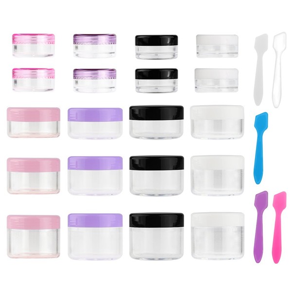 Accmor 20 Pieces Empty Clear Plastic Sample Containers with Lids 3/5/ 10/15/ 20 Gram Size Cosmetic Jars with 5 Pieces Mini Spatulas(random color)