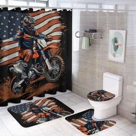 HDESDIS 4Pcs Abstract Dirt Bike Rider Shower Curtain Set, Motocross America Star Flag Bathroom Decor Set with Rug Bathroom Accessory Bathroom Curtain Shower Set, 72" x 72"