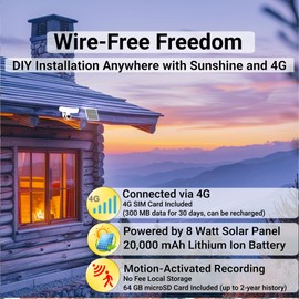 4G Cell Solar Floodlight Security Camera Wireless Outdoor, Motion-Activated Recording/Notification/2000LM Floodlight/105dB Siren, Pan & Tilt, 2K, HD Live View/Talk, No Fee, 64 GB & SIM Cards Included