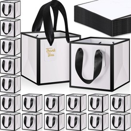 Kolldenn 50 Pcs Mini Metallic Paper Gift Bags with Handle 6 x 6 x 6'' Small Favor Bag with Thank You Tag for Birthday Wedding Bridal Shower Bridesmaid Holiday Party (White and Black)