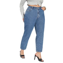 LEIJIJEANS Plus Size Tapered Women Jeans Straight Stretchy Highwaist Full Length Mom Pants Inseam 27 (1XL 14W, Dark Blue Petite)