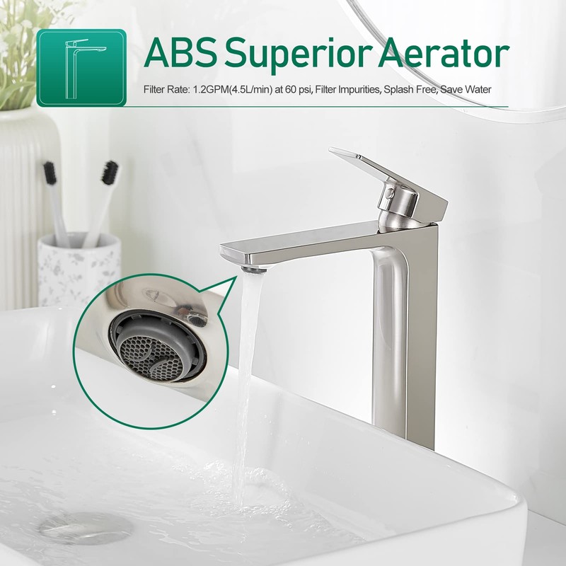 VOTON Brushed Nickel Vessel Sink Faucet Single Handle Tall Bathroom