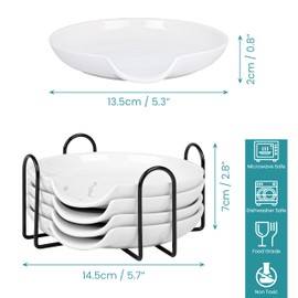 Belle Vous 4 Pack of White Ceramic Spoon Rests with Holder - 13.5cm/5.3 Inches Round Trays - Kitchen Counter/Stove Top Utensil Holder Rest for Cooking Spoons, Spatulas & Other Cookware