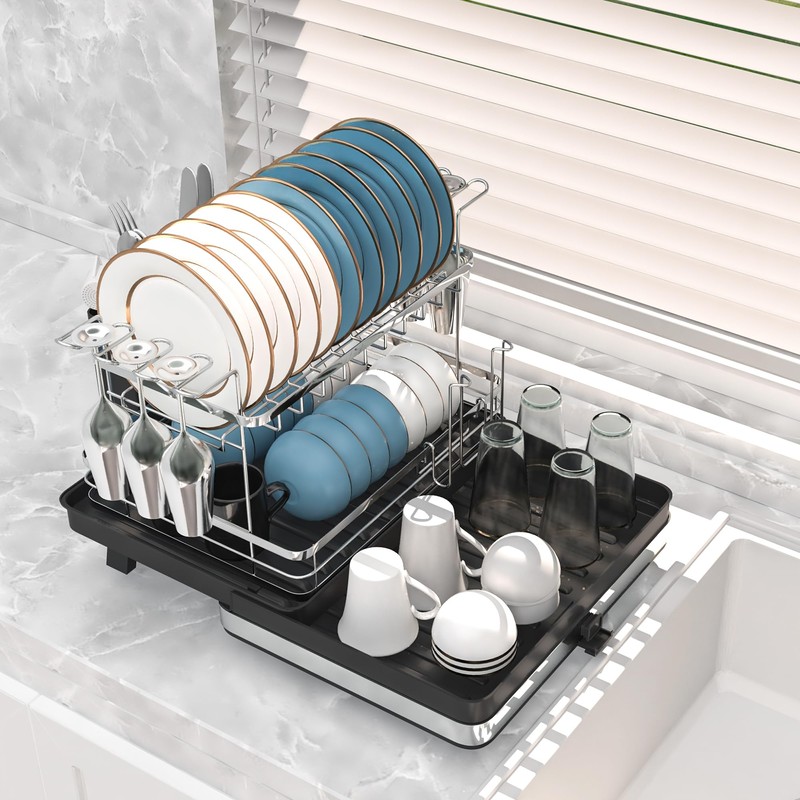Pumokc Dish Drying Rack, Expandable Large Capacity 2 Tier Dish