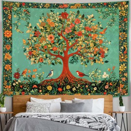 Zussun Boho Tree of Life Tapestry Vintage Nature Green Pink Plant Floral Flowers Leaves Birds Tapestries for Bedroom Aesthetic Retro Indian Tapestry Wall Hanging for Dorm Living Room 60 x 44 Inch
