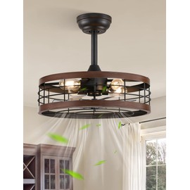 LEDIARY 18 inch Black Caged Ceiling Fan with Light, Bladeless Industrial Ceiling Fan with Remote, Farmhouse Fan Lights Ceiling Fixtures for Kitchen, Bedroom, Outdoor（6 Speed, Timing）-Walnut