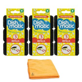 Zopper 9 x Dishmatic Extra Heavy Duty Refill Black - Fillable Washing-Up Sponge With Microfiber Cloth Replaceable Sponge Head Refills Scourer Washing or Kitchen and Bathroom