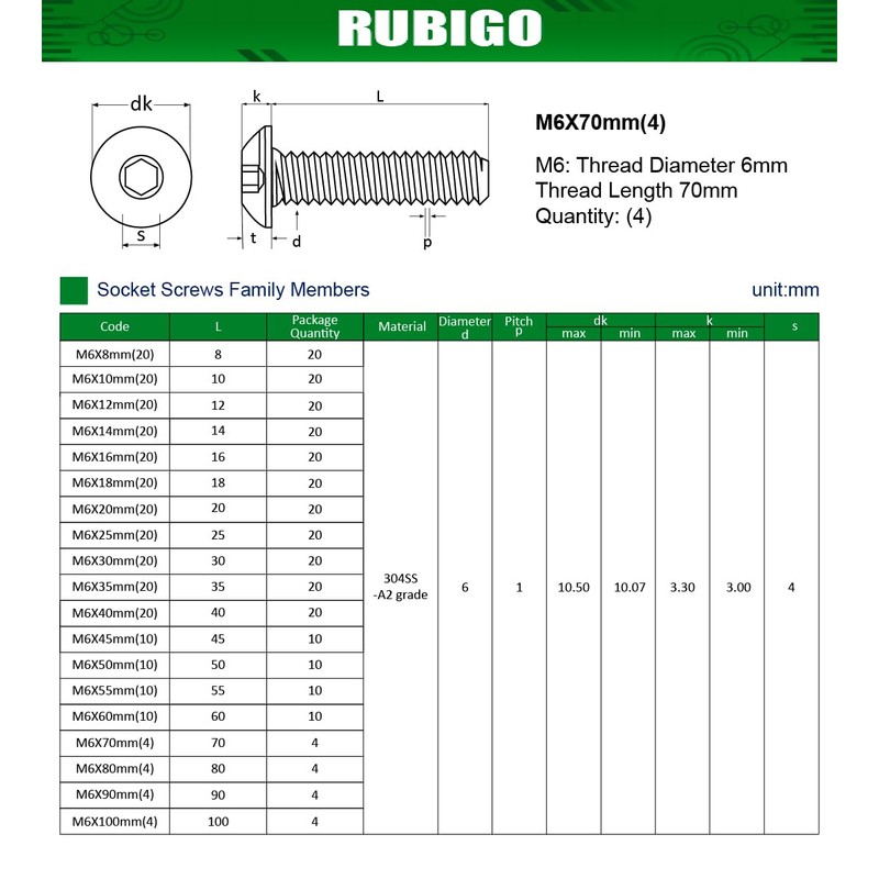 Rubigo M6 Bolts, M6 x 70mm Hex Socket Button Head