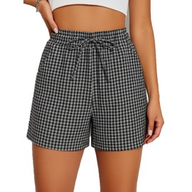 Womens Cotton Striped Gingham Boxer Shorts Checkered Plaid Casual Shorts PJ Pajama Lounge Sleep Summer Beach Vacation Black
