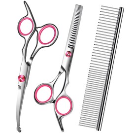 Wikdey Pink Dog Grooming Scissors with Safety Round Tip,Pet Grooming scissors Kit,Dog Shears for Grooming,Incude Thinning,Curved Grooming Scissors and Comb for dogs, cats.Suitable for The Right Hand