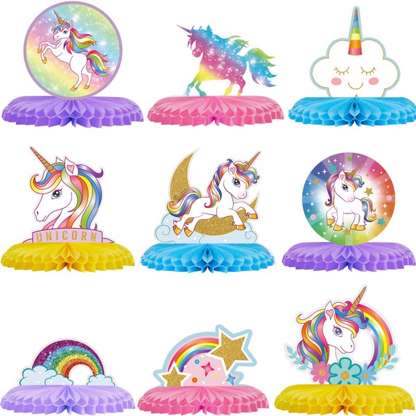 Sumind 9 Pieces Unicorn Party Table Decorations Rainbow Cloud Honeycomb Centerpieces for Girls Birthday Party Table Decorations