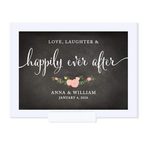 Andaz Press Personalized Wedding Framed Party Signs, Chalkboard Floral, 5x7-inch, Love, Laughter & Happily Ever After, 1-Pack, Includes Frame, Custom Made Any Name