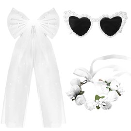 JGA Accessories Women's 3-Piece Veil JGA White, Heart Sunglasses with Pearls, Bridal Bracelet Flower, Perfect Set for Bachelor Party, Women, Hen Party Decoration & Wedding Photography