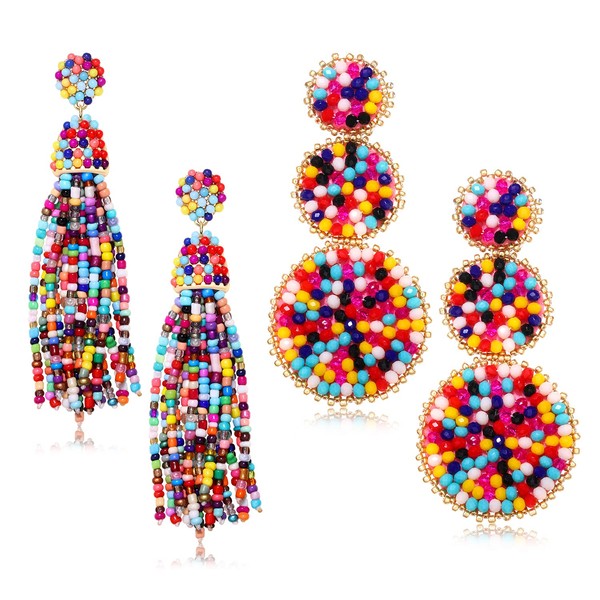 Beaded Earrings Handmade Beaded Tassel Triple Circle Dangle Earrings Bohemia
