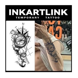 INKARTLINK 2 Sheets Extra large Semi Permanent Tattoos, Temporary Tattoos, Adult Art Designs, Waterproof, Realistic, No Adhesive, No Reflective, Lasts 1-2 Weeks, Extra Large (Compass)