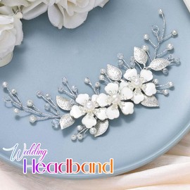 Catery Flower Wedding Hair Vine Pearl Bridal Hair Pieces Floral Accessories for Brides and Women (Silver, free size)