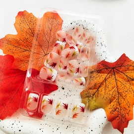 Fall White French Tip Press on Nails Short Square Fake Nails Autumn Leaves False Nails with Designs Full Cover Thanksgiving Nails Artificial Acrylic Nails Glossy Glue on Nails for Women Girls 24 Pcs