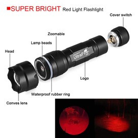 ULTRAFIRE WF-502R Zoomable Red Light Flashlight, Single Mode, RED LED 630nm, Hunting Lights with Clip, Adjustable Focus Emergency Flashlights