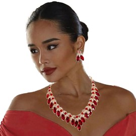 Zthread Crystal Rhinestone Bridal Jewelry Set, 4 Pieces, Necklace Earrings Bracelet Ring, Floral Statement Design (Red)