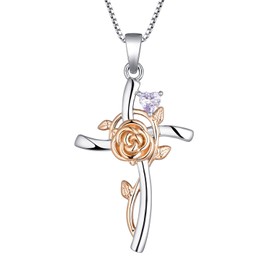 YL Cross Necklace 925 Sterling Silver Rose Flower Crucifix Pendant Created Alexandrite Criss Jewelry for Women