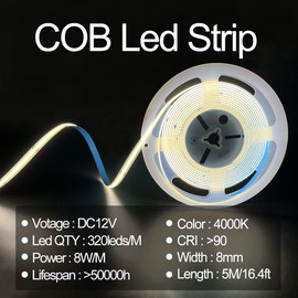 HAMRVL COB LED Strip Lights Natural White 4000K,DC12V 16.4ft/5M 320leds/M CRI90 Flexible LED Tape 8mm, for Indoor Home Cabinet，Bedroom,Kitchen,Stage,Backlight DIY Lighting(Without Power Supply)