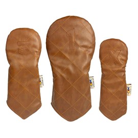 Brown Quilted Sunfish Leather Golf Club Headcover Set 1-3-X Driver Fairway Hybrid