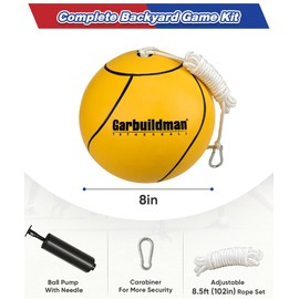 Garbuildman 8" Regulation Sized Tetherball, Rubber Tether Balls and Rope Set for Outdoor Backyard Game, Portable Replacement Tether Ball with Carabiner, Ball Pump for Kids Adults & Dogs