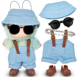Blue Doll Clothes Set for 17cm Dolls Pink Push Toy Outfit Accessories with Romper, Bucket Hat, Shoes, Cross Necklace, Black Sunglasses Plush Toy Decorations for Gift 17cm Doll Clothes No Doll