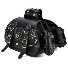 QJBOMTO High-density Leather Motorcycle Saddlebags-Throw Over Saddle bags,Panniers Side Bags with cup holder ，Waterproof, Side Tool Bag,Storage Tool Bag for Motorbike,Universal,1Pair, L (Black9)