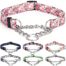 Bbmmayy Martingale Collar, Training Dog Collar, Stainless Steel Chain Pet Collar for No Pull Dog Walking Flowers Design Large Medium Small Dogs (S, Peony)