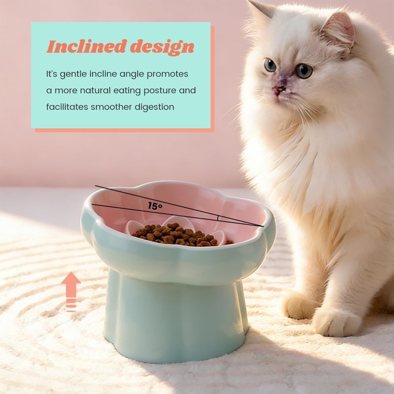 Meirivrn Ceramic Elevated Slow Feeder Cat Bowl, Tilted Flower-Shaped Cat