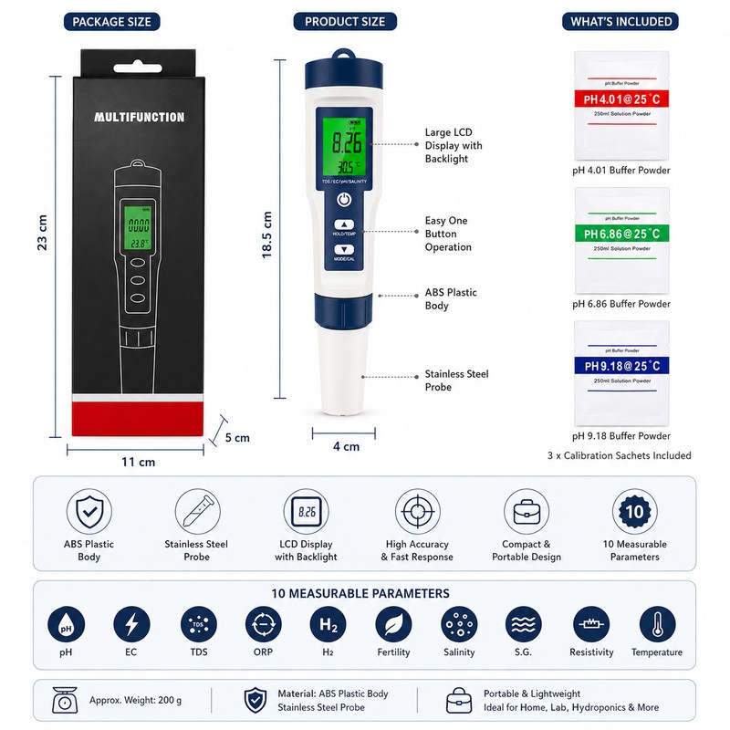 10-in-1 Water Quality Tester for Aquariums & Pools – Digital