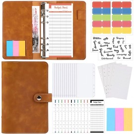 Leather Ring Binder Notebook, 6-Ring Binder with Supplementary Paper, Binder Pocket, 12 Cash Envelopes with Zippers, 12 Budget Sheets, Planning Paper, Sticky Notes, Decorative Stickers