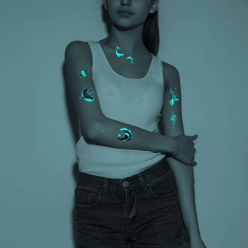 Blue Glow in the Dark Temporary Tattoos, 12 Sheets Waterproof