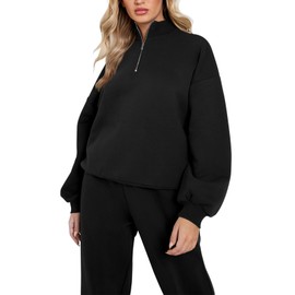 REORIA Women Warm Half Zip Cotton Lounge Wear Sets Soft Co Ord Sets Plus Size Two Piece Outfit Thick Tracksuits Full Set With Fleece Lining Black XL