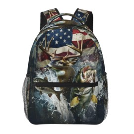 Deer & Bass Fishing Backpack Gifts, Travel Backpacks Laptop Rucksack, School Bookbag for Kids Teens Girls Boys, Patriotic Wildlife Hunting Back Pack Accessories Bags for Work, Outdoor, Adventures