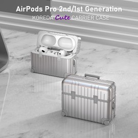 AirPods Pro 2 Case Cover, KOREDA Cute Funny Suitcase Design Hard Case for Airpods Pro 2nd Generation/1st Generation (2023/2022/2019) with Cleaner Kit & Replacement Eartips (S/M/L), Silver