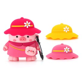 TYOROY Pink Piglet Case for Airpod 1&2, 3D Cute Chic Cartoon Soft Case, Kids Teens Boys Girls Women Lovely Stylish Cross Body Bag Piglet Shape with Three Hats for Airpod 1&2