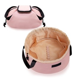 FANGENKE Drawstring Makeup Organizer,Lay Barrel Makeup Bag Cosmetic Bag Toiletry Bag for Travel,Portable Waterproof Make Up Bags for Women Brush Toiletries Accessories (Pink, Small)