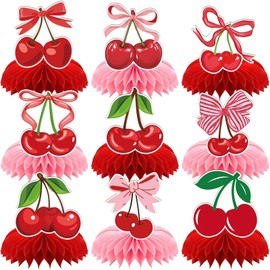 Cherry Birthday Decorations, 9 PCS Pink Bow Honeycomb Centerpieces Sweet Cherries Table Ornaments, Summer Fruit Cherry Party Supplies for Birthday Prom Party Decorations