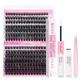 FADLASH Lash Clusters Kit 80D+100D Lash Extensions 8-16mm Eyelash Clusters 3D Effect Individual Lashes with lash Bond and Seal and Lash Tweezers DIY at Home (Kit, 80D+100D-07D-8-16mm)