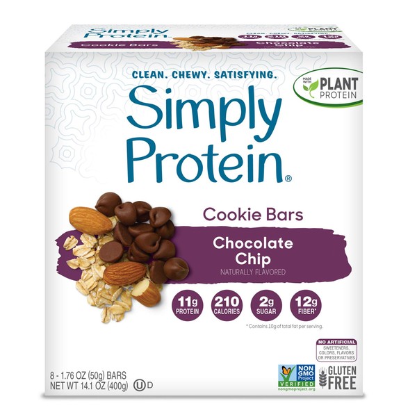 SimplyProtein Cookie Bars. Clean and Light Crispy Bars with Plant Based Protein. (Chocolate Chip, 8 Pack)