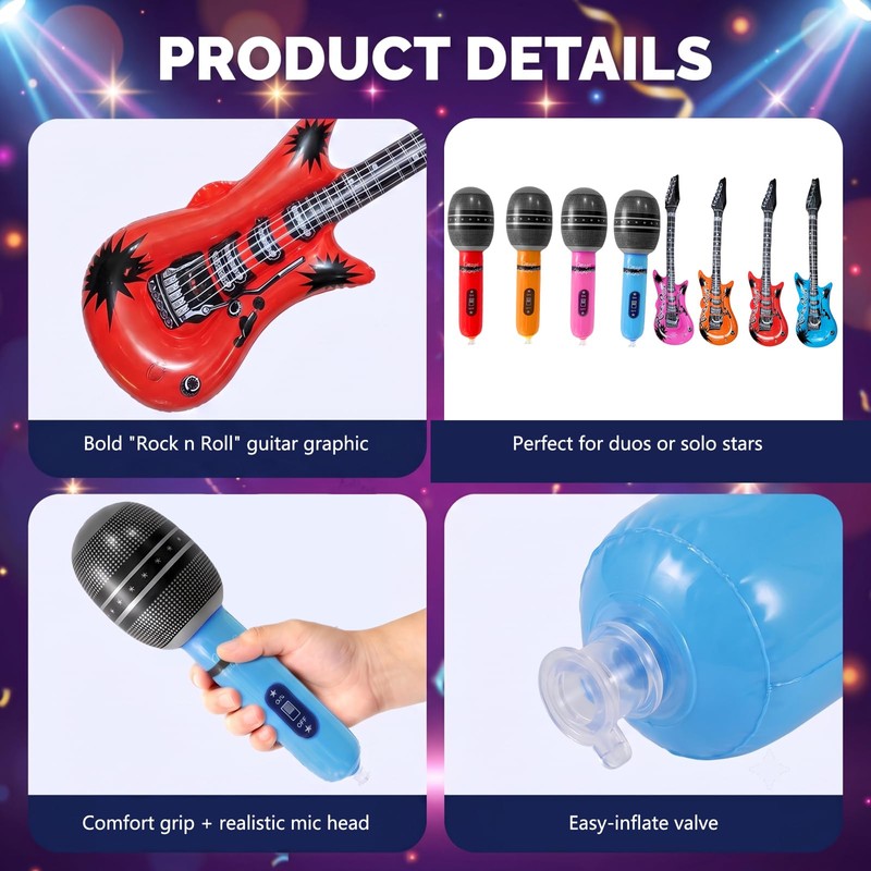 8PCS Inflatable Guitar and Microphone,Inflatable Instruments Kit Adults