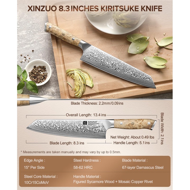 XINZUO Damascus 8.3 Inch Kiritsuke Chef Knife,Hand Forged High Carbon