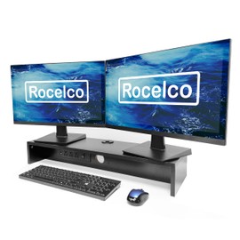 Rocelco 30" Dual Monitor Stand with AC Outlets and USB Power/Charging Strip - Wood Laptop TV PC Riser Shelf with Keyboard Mouse Storage and Cable Management - Black (R DMSV)