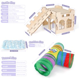 hiimalex 3-in-1 Gift for Bunny: Rabbit Wooden Castle with Ramp, Plush Bed and Collasiple Tunnel for Indoor Rabbit Guinea Pigs Hamsters Chinchilla Gerbil Hedgehog to Play Hide and Rest