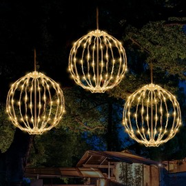 aonear Set of 3 Christmas LED Light Balls, Hanging Tree Globe Light Fold Flat Metal Frame Ball Light Indoor Outdoor Christmas Decoration (Warm White)